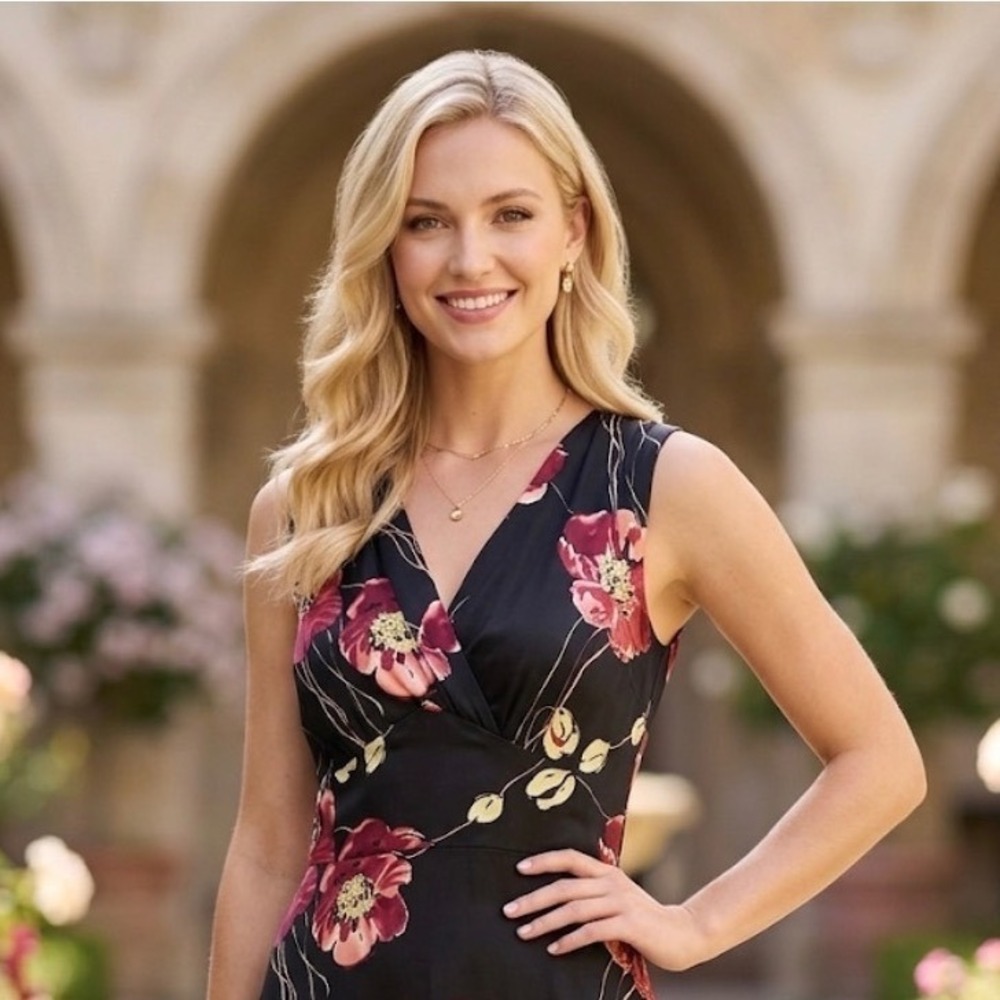 Tommy Bahama Silk Blend Floral Poppy V-Neck Sleeveless Midi Dress Black 6 - Picture 4 of 8